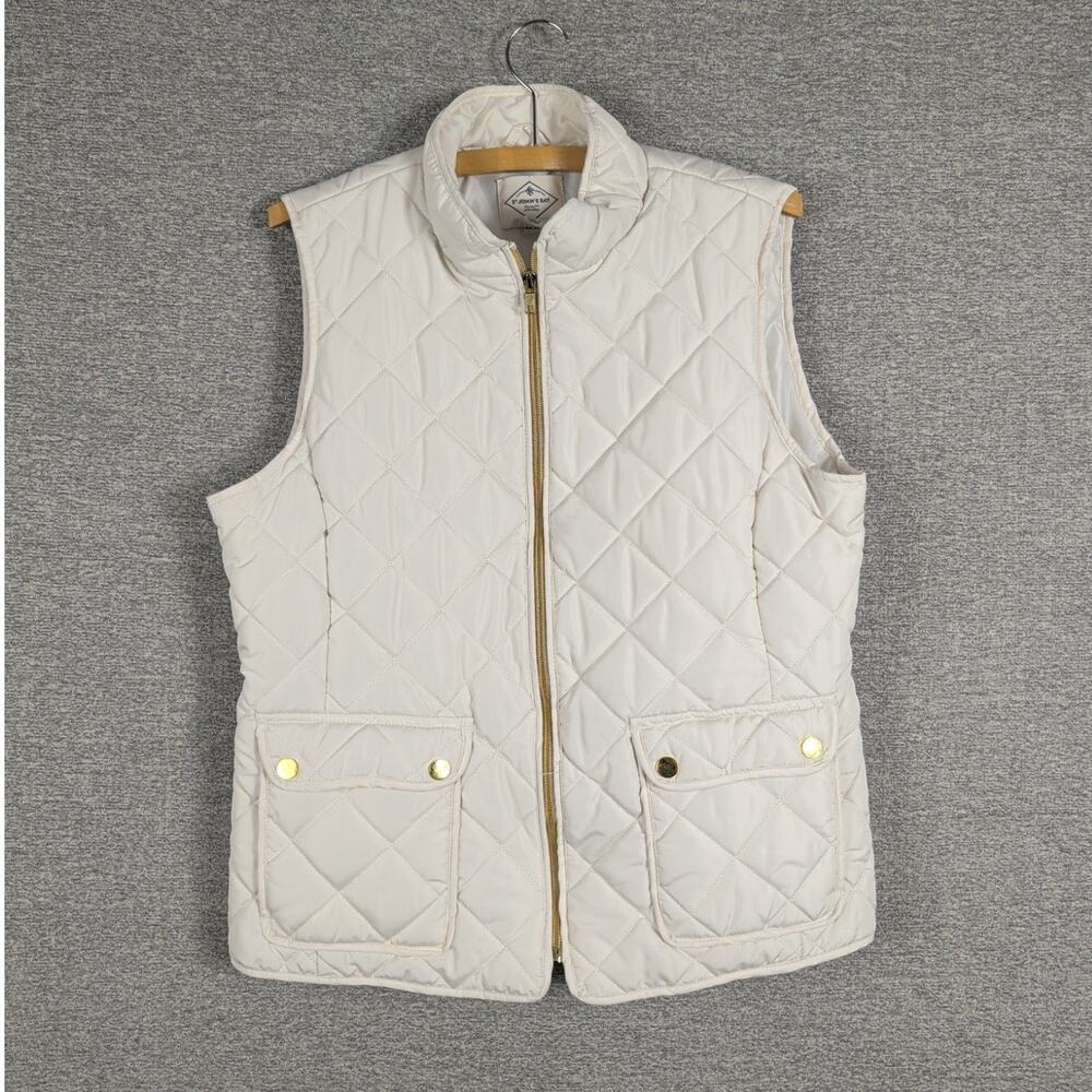 St John's Bay Womens Quilted Puffer Vest Size Large Creamy White Zip & Snap